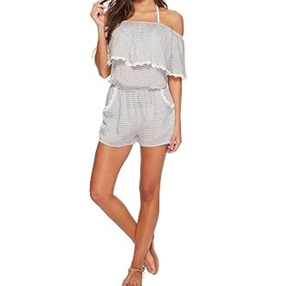 BECCA Navy White Stripe Crochet Trim Off Shoulder Shorts Romper Swim Cover Small